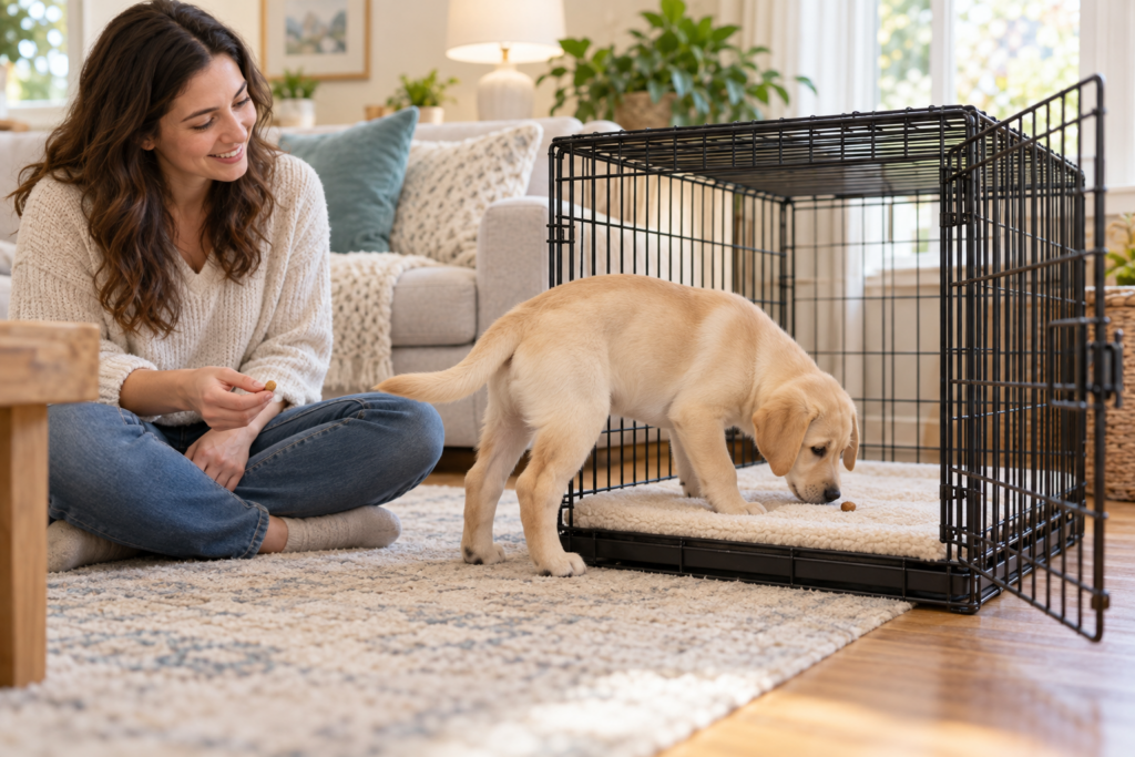 Yellow Labrador exploring an open crate for a treat, demonstrating how to crate train a puppy with gentle encouragement.