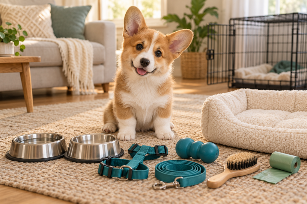 Corgi puppy beside essentials from a new puppy shopping list, including bowls, harness, leash, chew toy, brush, waste bags, bed, and crate.