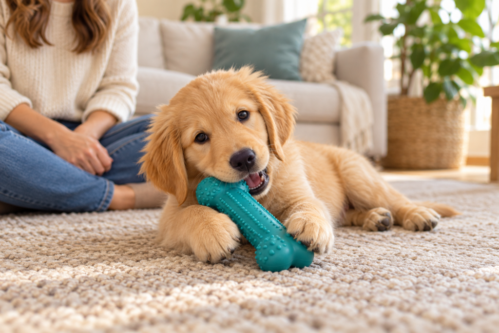 Golden Retriever puppy using a rubber chew toy to redirect puppy biting and chewing, with its owner nearby.