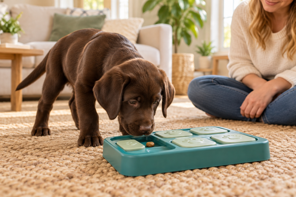 Chocolate Labrador enjoying puppy brain games with a treat puzzle while its owner watches nearby.