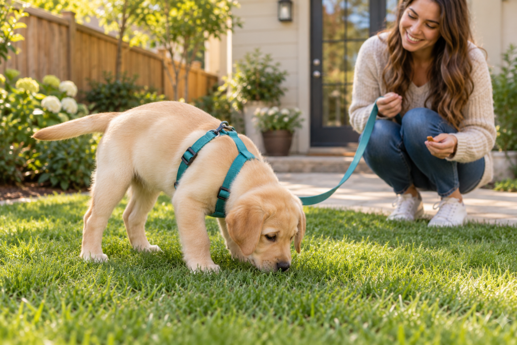 Labrador puppy sniffing grass during puppy potty training while its owner waits nearby with a treat.