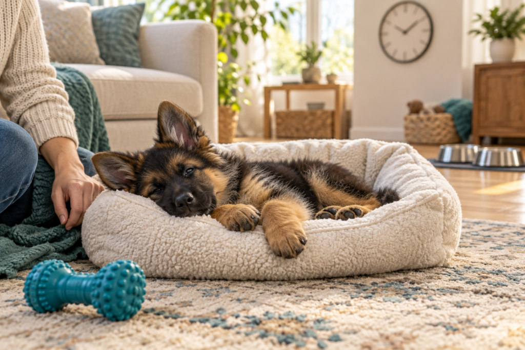 German Shepherd puppy resting in a cozy bed after play, illustrating nap time in a puppy schedule by age.