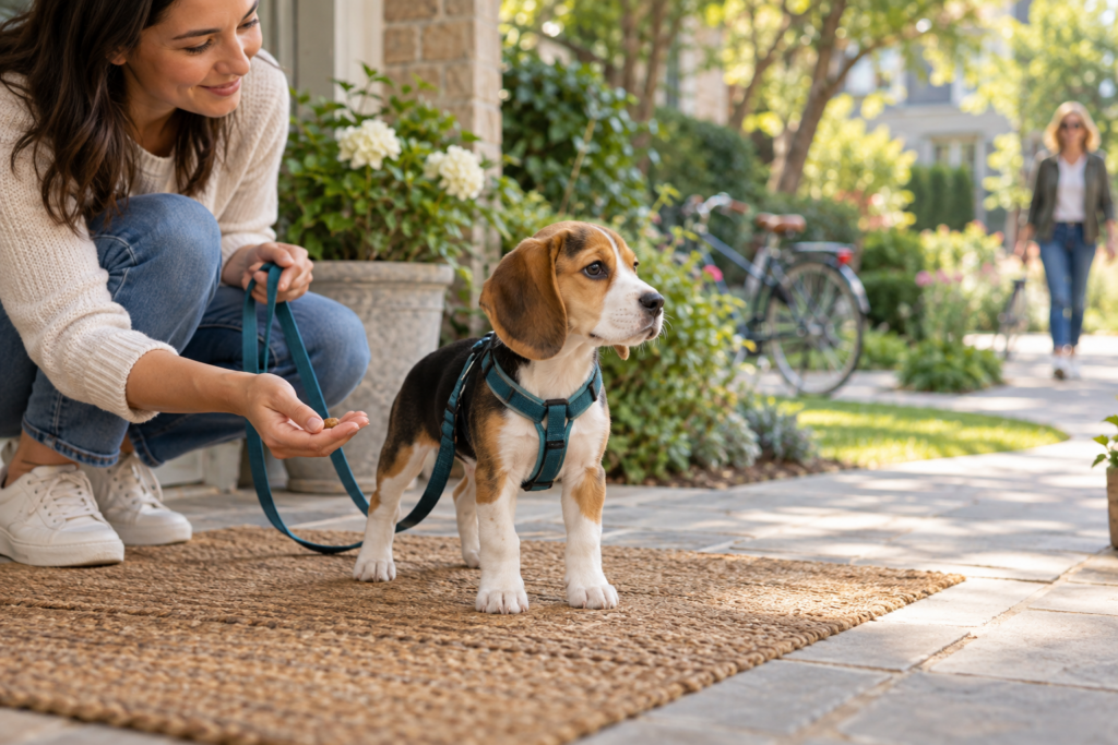 Beagle puppy practising activities from a puppy socialization checklist, calmly observing a person and bicycle while its owner offers a treat