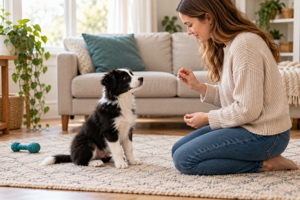 Owner helping a Border Collie puppy avoid puppy training mistakes through a clear hand cue and treat rewards.