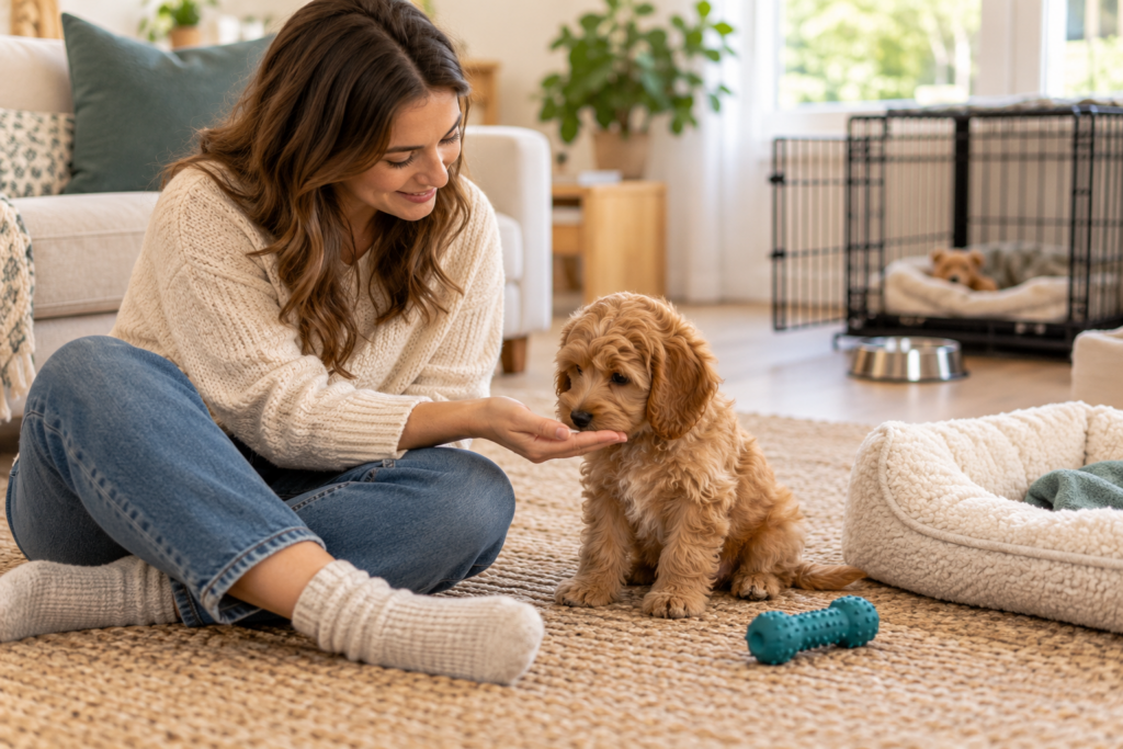 Owner bonding with a Cockapoo during the puppy’s first weeks at home, with a cozy bed and chew toy nearby.