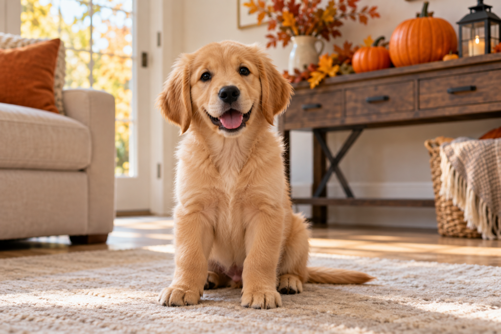 Puppy Halloween safety scene with a golden retriever puppy and autumn decorations