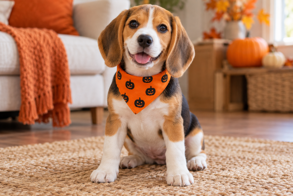 Beagle puppy wearing an orange Halloween bandana