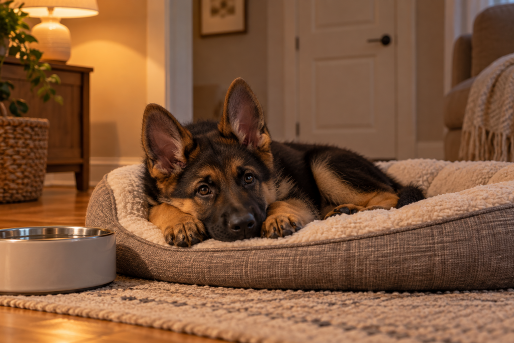 German shepherd puppy resting in a quiet space during Halloween