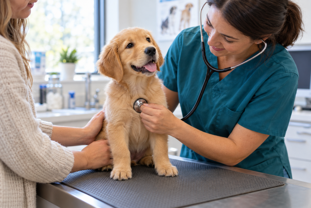 Golden retriever puppy at its first vet visit while a veterinarian gently checks its chest with a stethoscope.